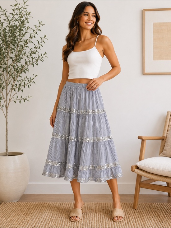 Rose and Rose Dresses & Skirts - Rose and Rose Striped Sequin Tiered Maxi Skirt Blue White Cotton Boho Size XS